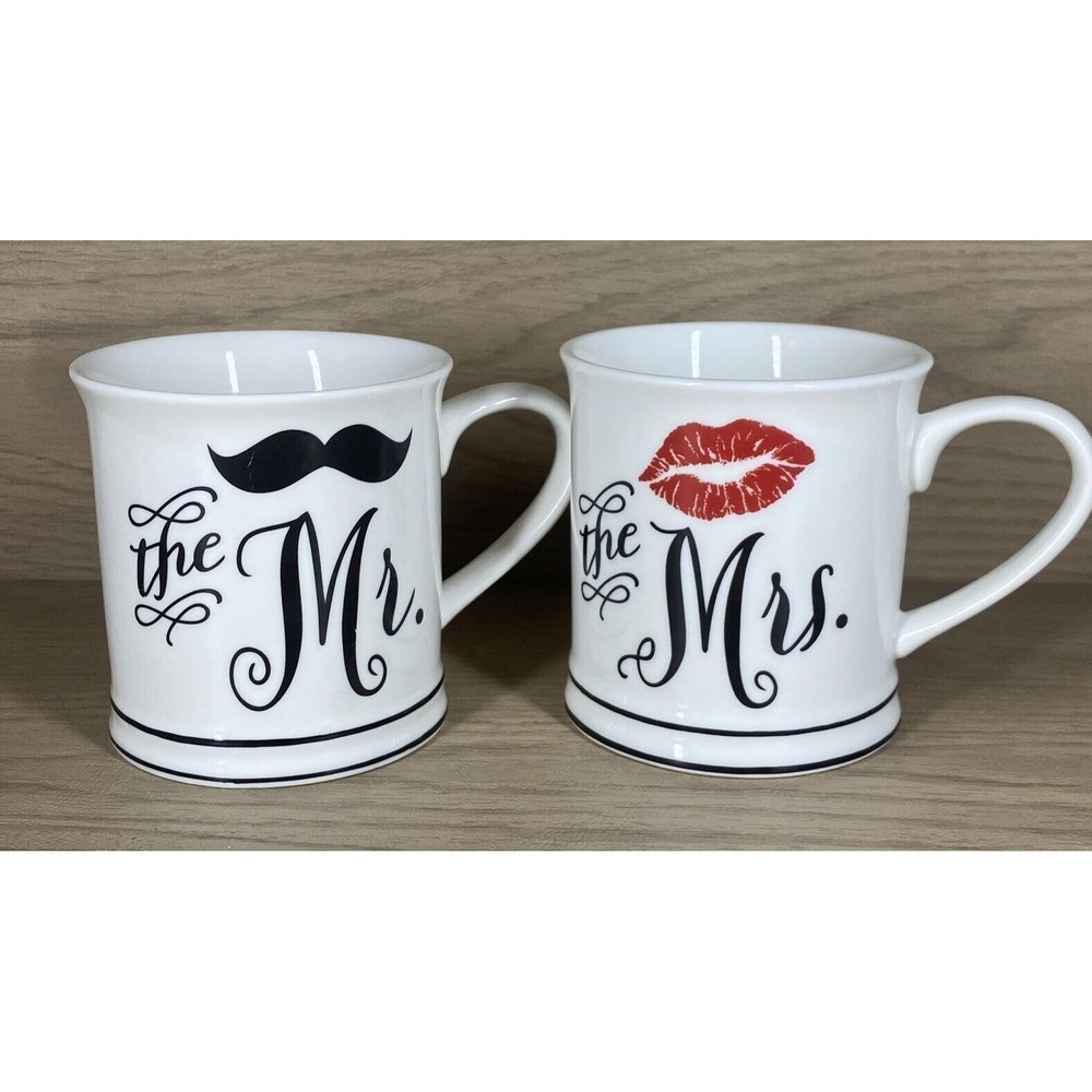 The Mr & The Mrs Coffee Mug Gift Set By Home Essentials Mustache Kiss Blk White
